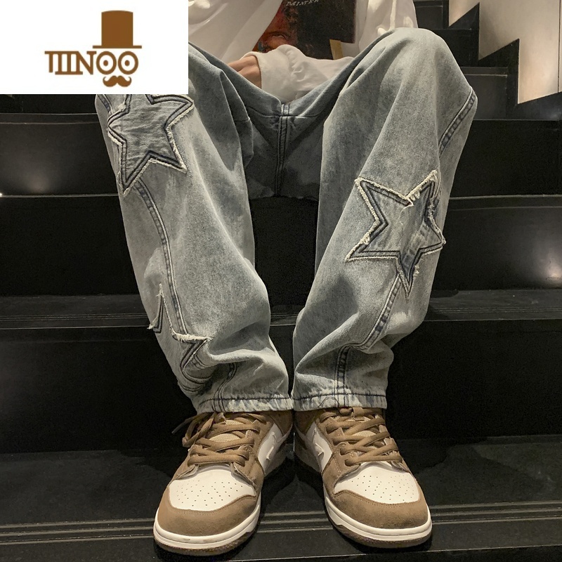 YANXU高街牛仔裤男款夏季美式刺绣设计感直筒长裤潮牌ins宽松阔腿裤牛高清大图