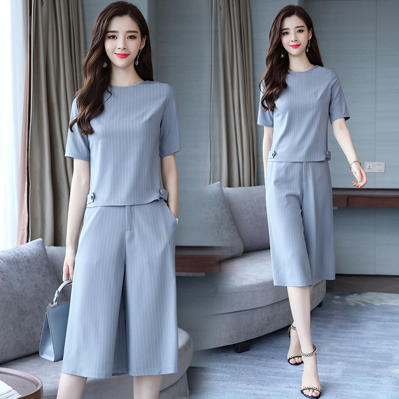 夏款阔腿裤套装女潮女士秋装新品女装时髦套装气质宽松条纹两件套