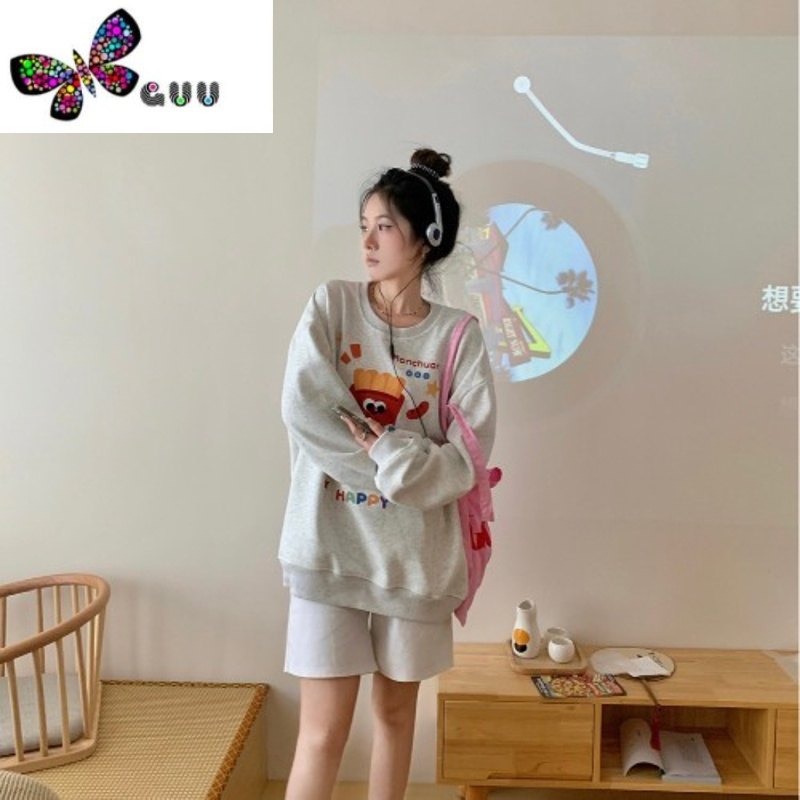 语娄卡通字母圆领宽松长袖卫衣女2023年早秋季慵懒风套头显瘦外套上衣