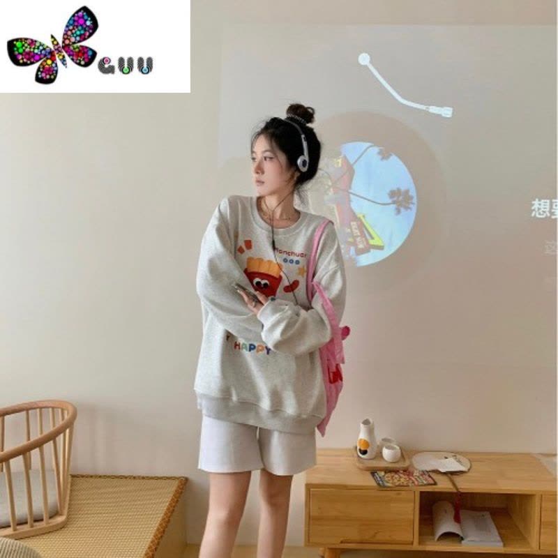 语娄卡通字母圆领宽松长袖卫衣女2023年早秋季慵懒风套头显瘦外套上衣图片