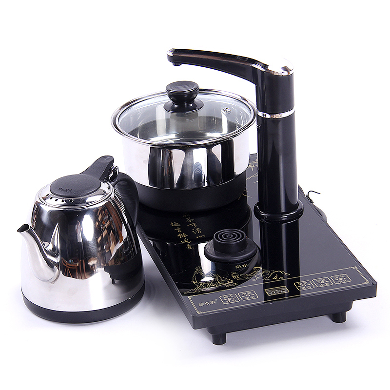百鸿 整套陶瓷功夫茶具茶壶冰裂釉茶具套装自动加水实木茶盘茶海托盘 柏木龙凤呈祥10件绿冰裂电热炉套装