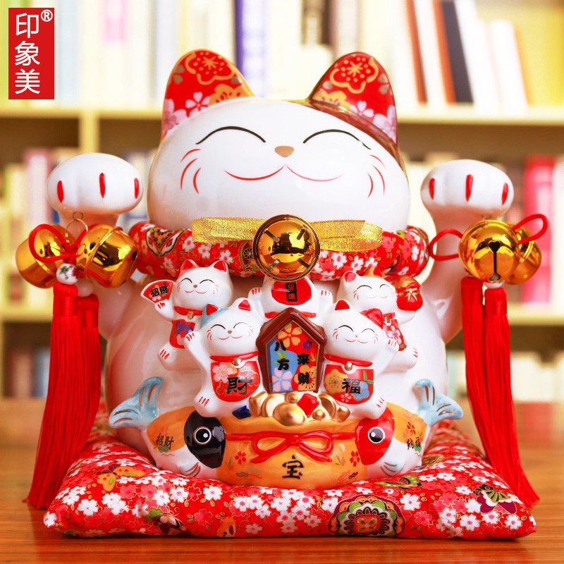 猫店铺开业礼品创意陶瓷家居摆件存钱储蓄罐12寸14寸 三维工匠 12寸八方来财大花布垫猫高清大图
