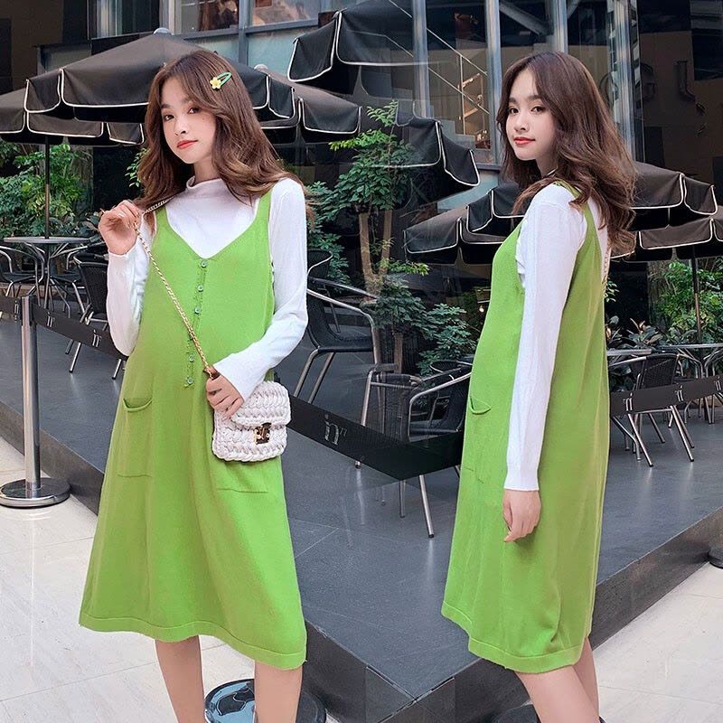 迪鲁奥(DILUAO)孕妇装针织衫孕妇秋季中长款洋气两件套长袖孕妇装秋款套装时尚潮妈 杏色 均码图片