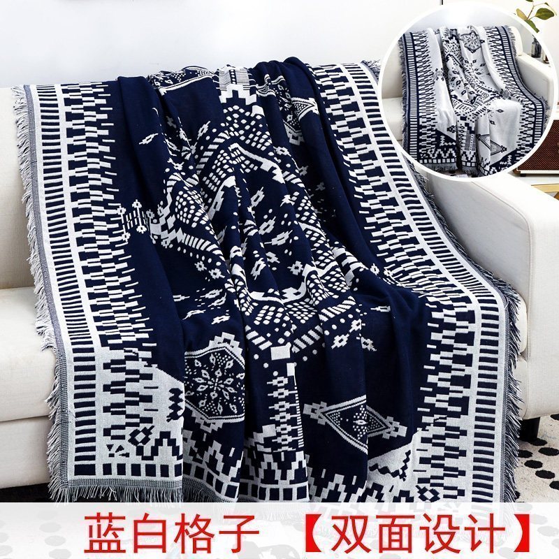 北欧色沙发巾沙发布全盖毯子单简约沙发套沙发垫盖布罩 蓝白格子【双面】【】 90*150cm