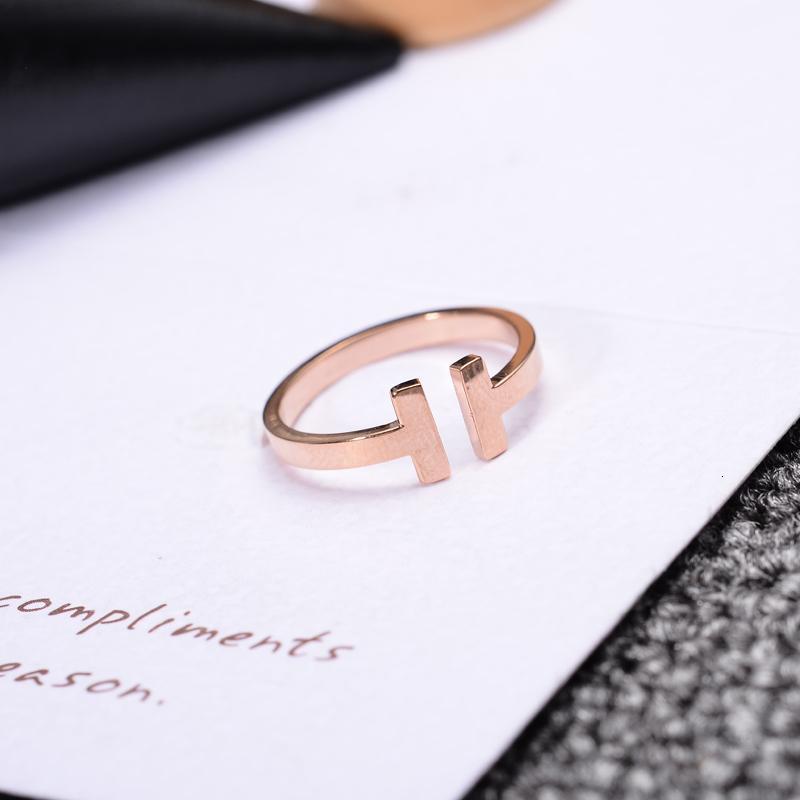 精品钛钢韩版时尚经典双t开口戒指女款玫瑰金彩金指环配饰不褪色送女
