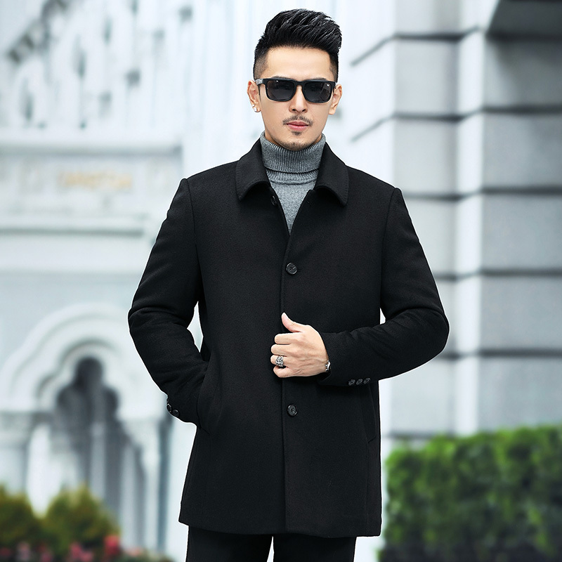花花公子夹棉加厚男士外套中长款100羊毛呢子大衣男商务休闲大码中年