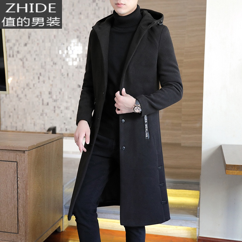 suntek男士风衣长款过膝修身呢子外套男韩版潮流秋冬季中长款毛呢大衣