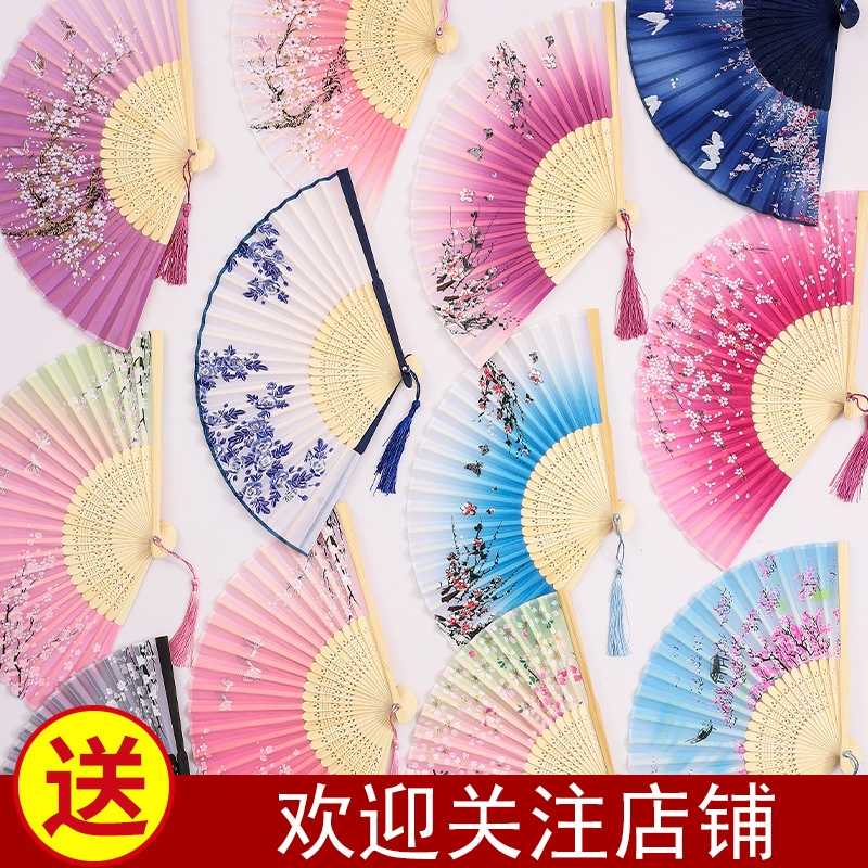 汉服扇子古风折扇法耐中国风女男生夏流苏儿童学生舞蹈随身折叠小竹扇_组合十