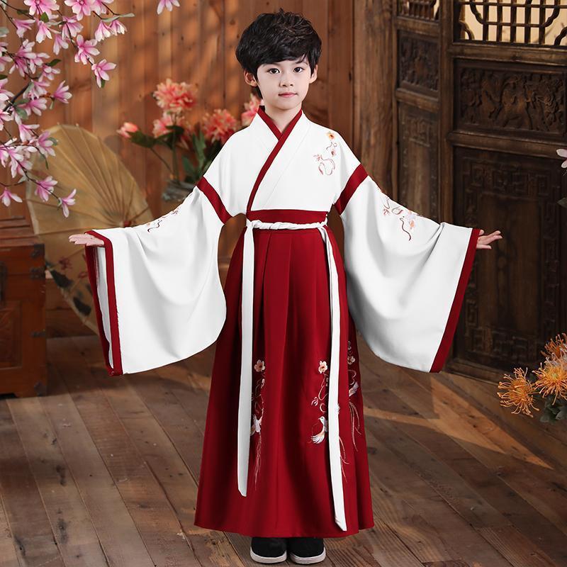 儿童中国风汉服古装日常小学生开学礼服男童女童三字经广袖国学服 红色 男款 110 (身高105~115CM)