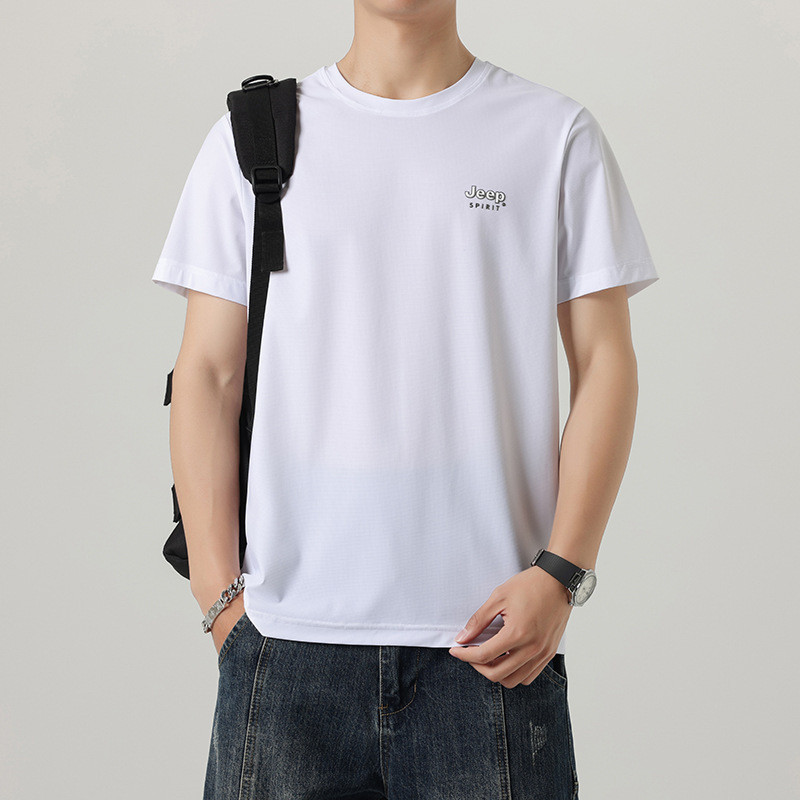 jeepspirit冰丝短袖t恤男士潮牌针织半袖圆领上衣夏季白色体恤男