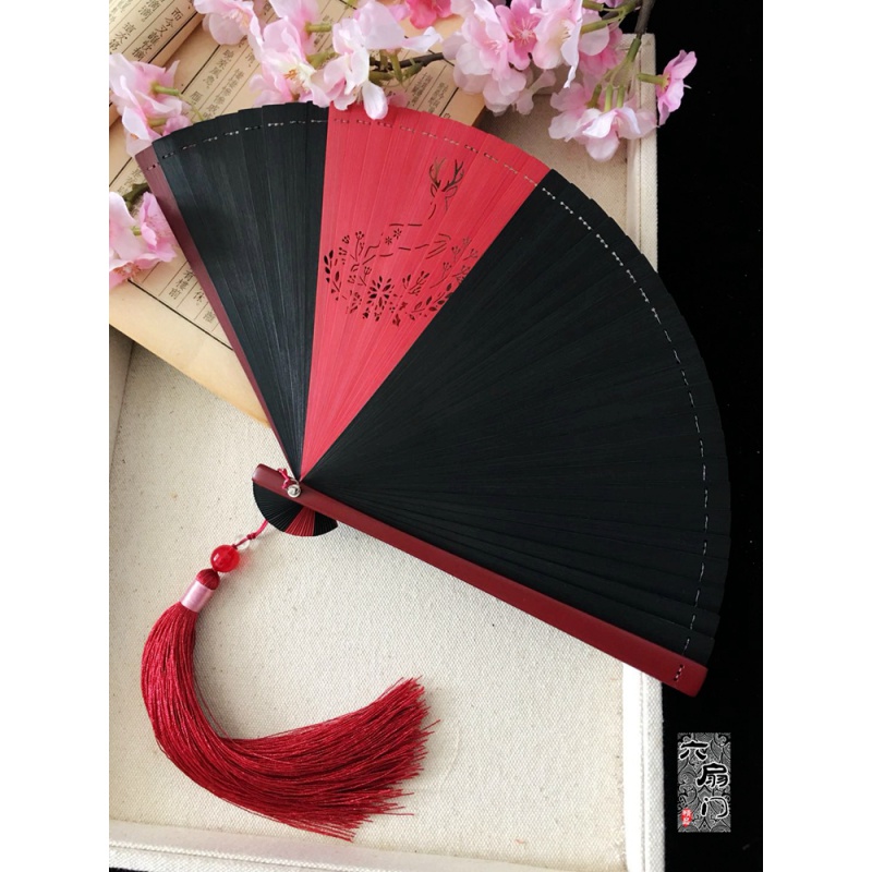 中国风全竹扇子金银迷你和风刻镂空古风女士折扇手工艺扇礼品扇 三维工匠 夹色小鹿18CM+大流苏红高清大图