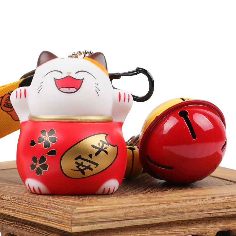 卡通可爱五福猫钥匙扣 创意招财猫公仔情侣汽车挂件男女包包书包挂饰品钥匙链送女友送闺蜜生日 红色五福猫黄绳