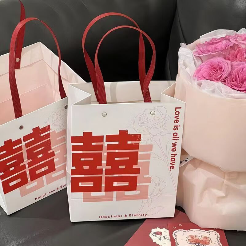 维诺亚结婚喜糖喜字礼品袋订婚伴手礼手提袋大容量纸袋礼物袋高颜值袋子高清大图