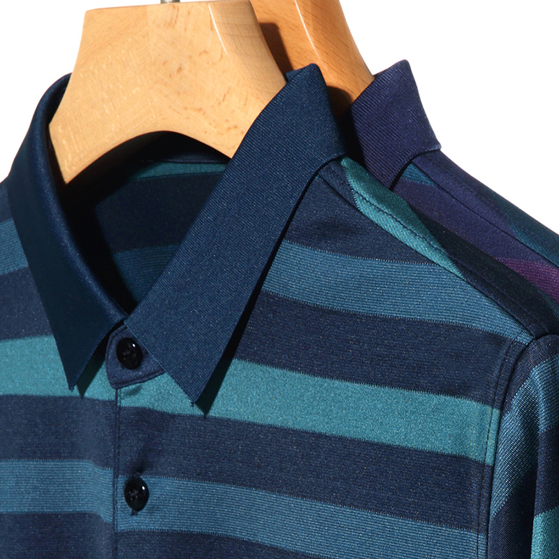 专柜品牌夏季短袖T恤男士桑蚕丝条纹POLO衫中年宽松体恤薄高清大图