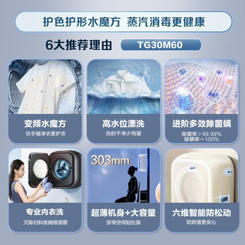 小天鹅3公斤内衣洗衣机全自动家用 婴儿懒人洗衣机小型迷你 壁挂 3公斤 水魔方 除菌 超薄 TG30M60政府补贴高清大图