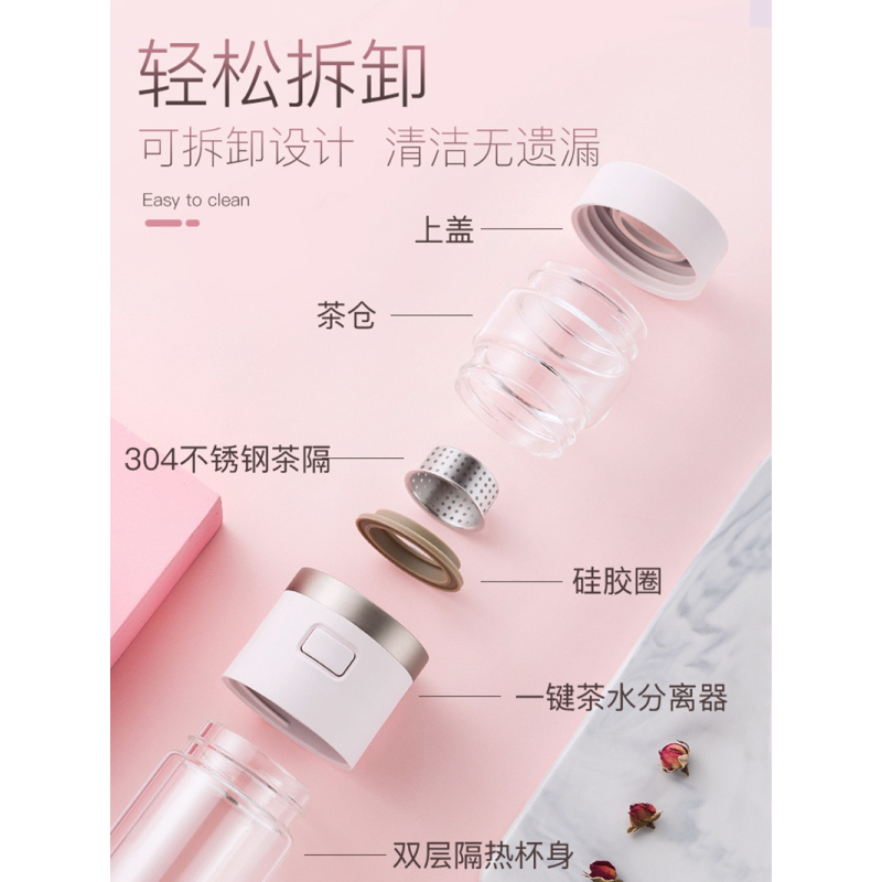 苏泊尔双层玻璃杯茶水分离泡茶杯男女水杯车载带过滤花茶杯办公室茶杯便携透明水杯子高颜值水杯耐高温办公室水杯KC22EM20