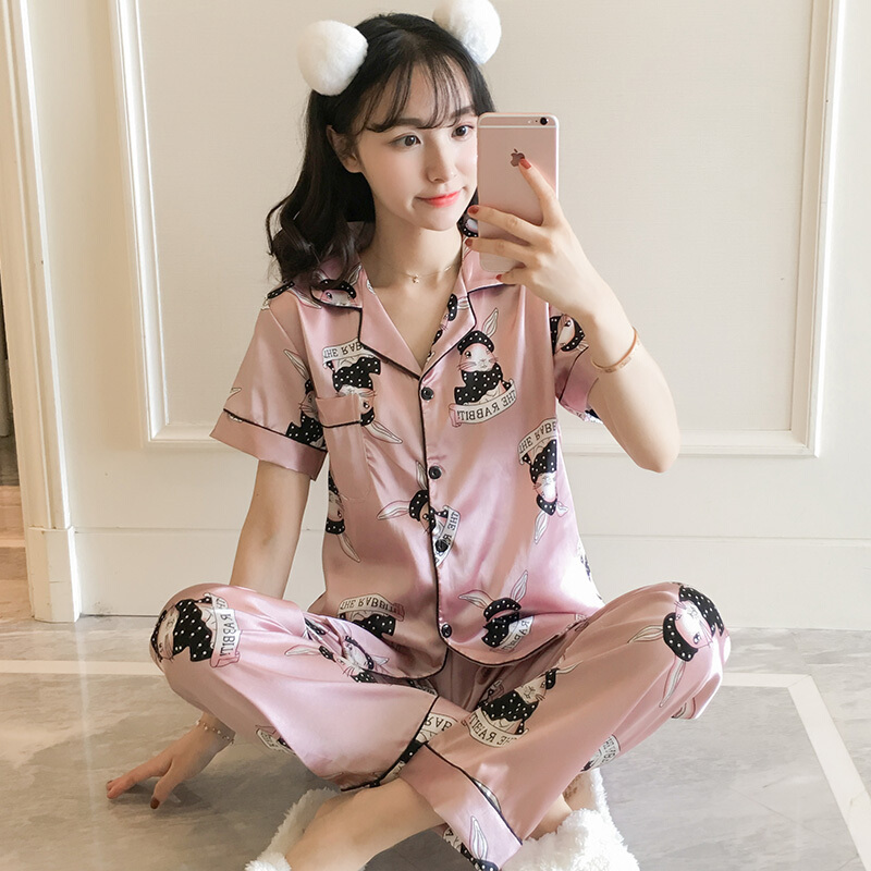 冰丝睡衣女春秋夏季短袖长裤两件套装兔子韩版清新学生家居服