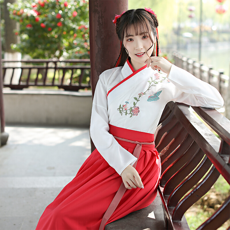日常古装汉服女民国学生改良汉元素齐腰襦裙清新淡雅中国风套装女yy