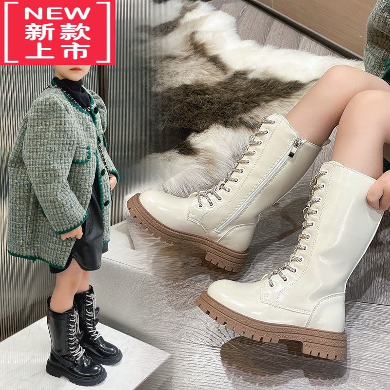 可莉允女童靴子2022新款秋冬款加绒长靴中大童英伦风长筒靴女款高筒皮靴图片