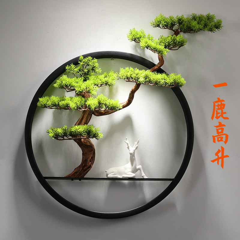 新中式迎客松挂件客厅背景墙饰壁挂创意家居墙面装饰品样板房挂饰 三维工匠 一鹿高升+带灯(直径80)绿色插电款壁饰高清大图