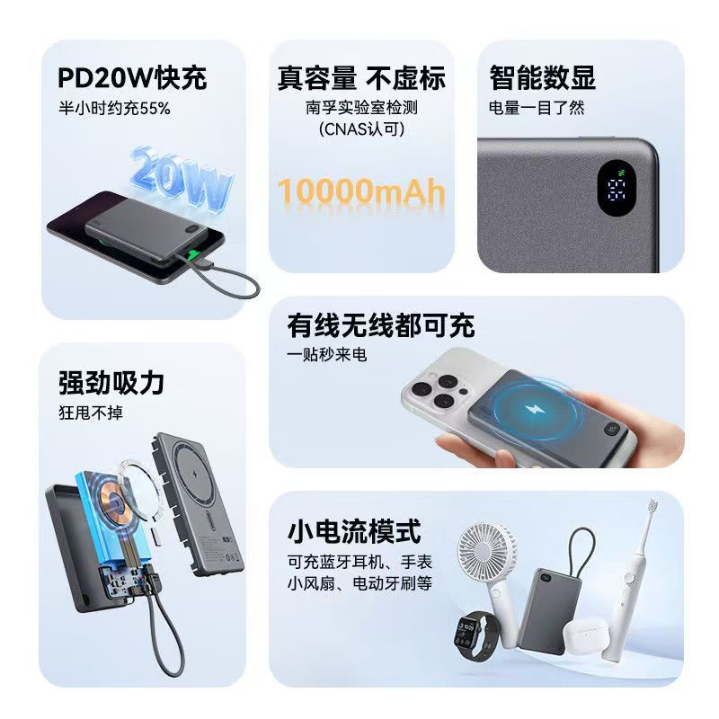 南孚 传应C1102(10000mAh 22.5W自带线 科技灰)磁吸 移动电源高清大图