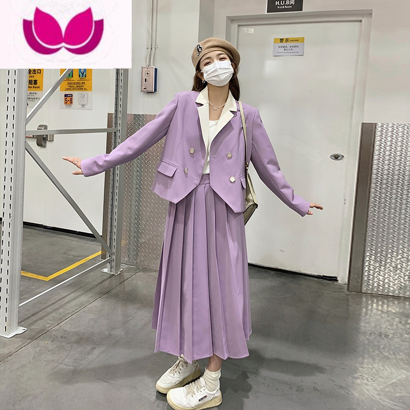 七斓西装配半身裙套女春季2023新款韩版洋气设计感西服百褶裙套装