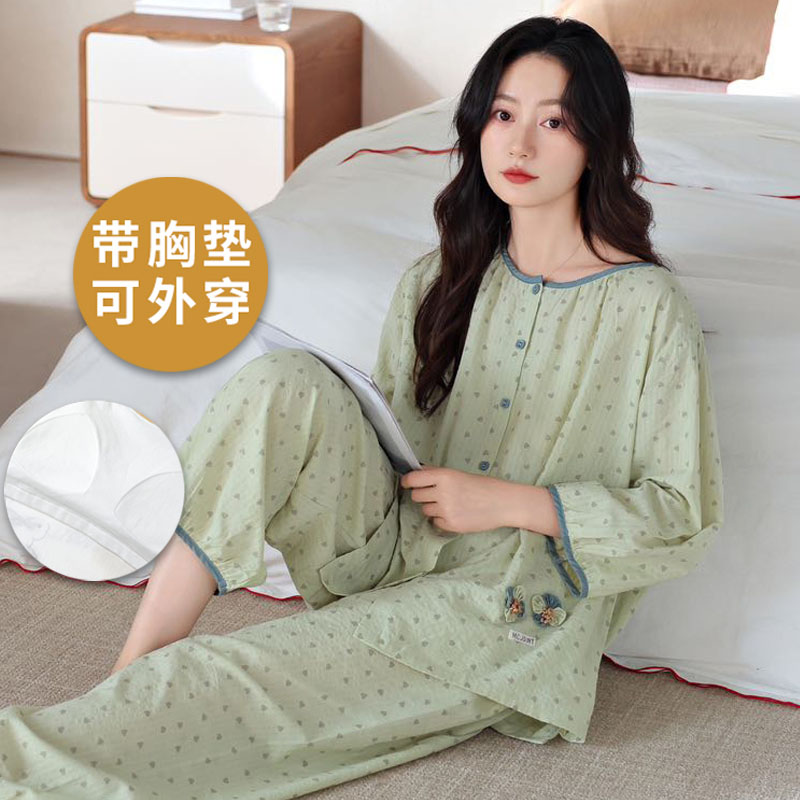 浪莎带胸垫睡衣女夏七分袖九分裤纯棉韩范薄款可外穿家居服两件套高清大图