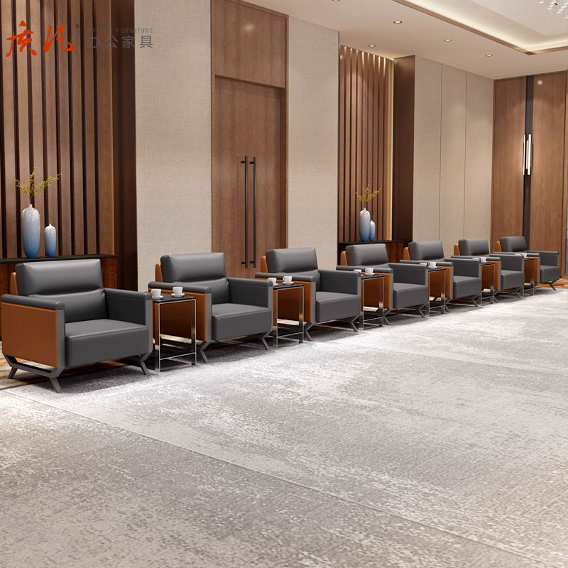 质凡贵宾单人沙发高档办公沙发组合 1+3+岩板U款茶几高清大图