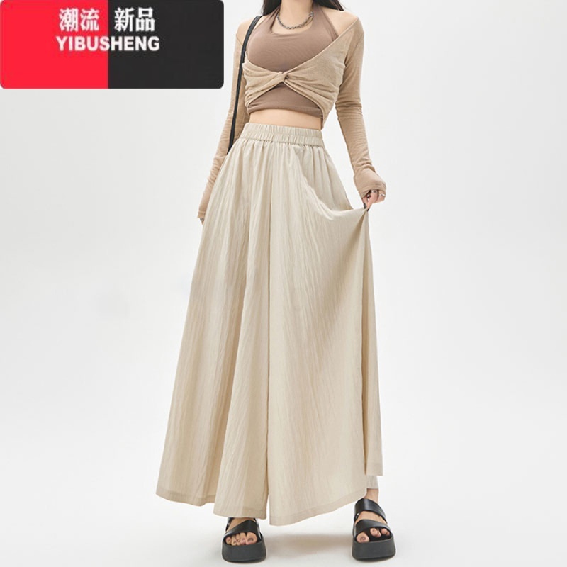 YIBUSHENG褶皱棉麻阔腿裤女季薄款高腰垂感山本裙裤慵懒宽松日系风休闲裤高清大图