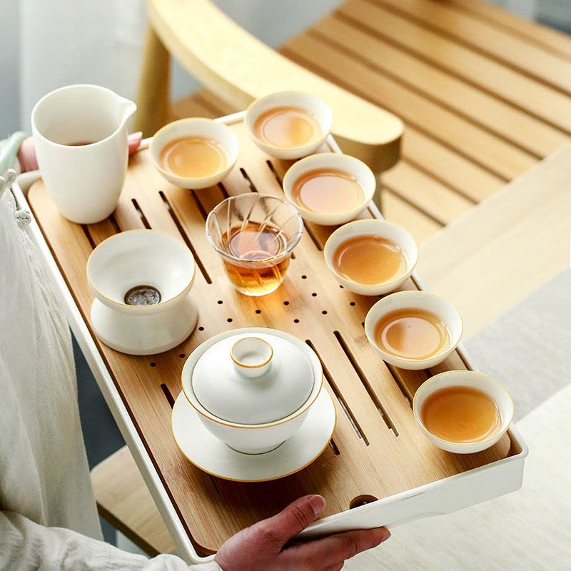 苏氏陶瓷茶具套装脂白简约功夫茶具带干泡茶盘套组图片