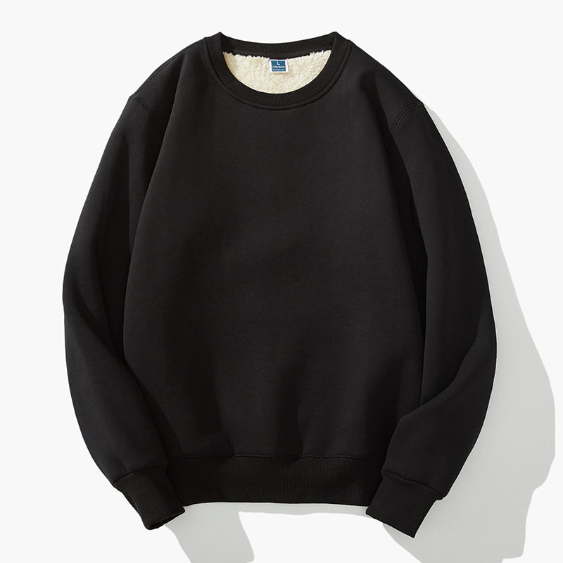 baluoshang羔绒加绒加厚毛卫衣男无帽纯黑色厚款保暖衣服宽松套头圆领