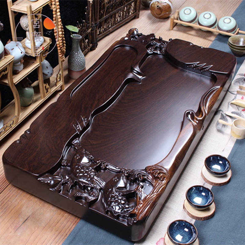 宫雁居黑檀木茶盘整块实木原木茶台红木手工雕刻功夫茶具套装托茶台