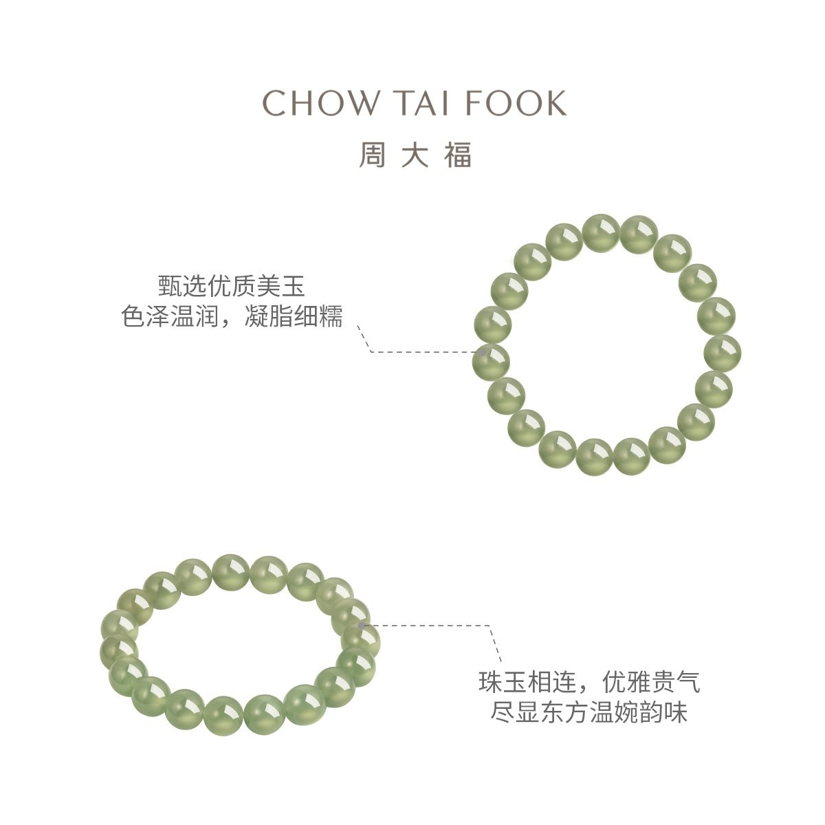 周大福新中式简约经典浅清和田玉手链手串GEV4女友礼物高清大图