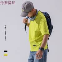 夏季字母印花纯侣短袖口袋装饰微落肩宽松圆领潮牌T恤男
