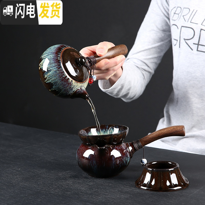 三维工匠金沙功夫茶具石磨自动懒人茶具套装家用钧窑陶瓷建盏天目盖碗茶杯 金沙釉茶具套餐18