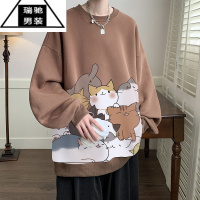 希杰狮王卡通猫咪卫衣男秋季潮牌复古套头衣服大码宽松青少年运动外套