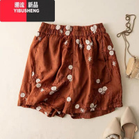 YIBUSHENG重工刺绣苎麻短裤女阔腿裤2023季新款文艺复古高级感棉麻休闲棉 XL建议120-140斤 橘红色100%棉麻-绣花版