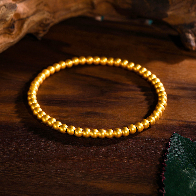 梦金园福佑砂面圆珠黄金手链佛珠金珠足金手链小金豆3d硬金素链送生日