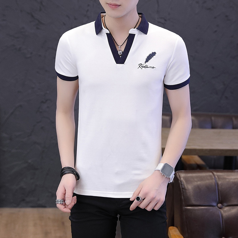 夏装新款polo衫男装翻领短袖t恤v领修身休闲韩版纯色衣服青年潮流