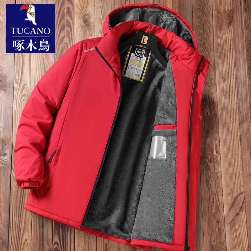 啄木鸟冲锋衣夹克外套男士加绒加厚冬季连帽工装棉服保暖防风棉衣高清大图