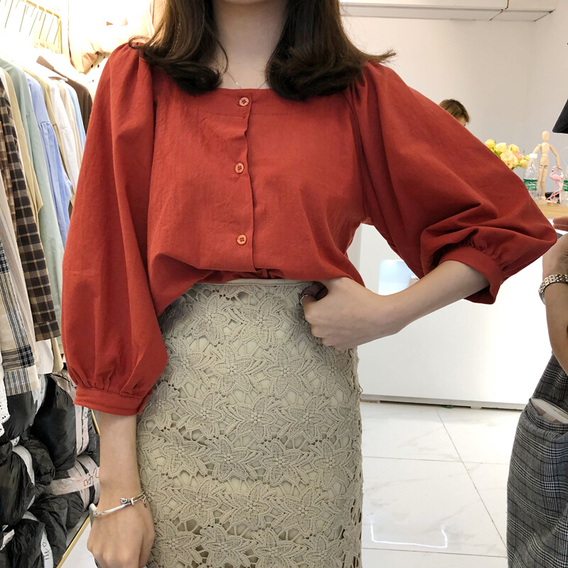2018春秋新款韩版宽松显瘦时尚百搭七分袖平领单排扣衬衫上衣女装 砖红 均码