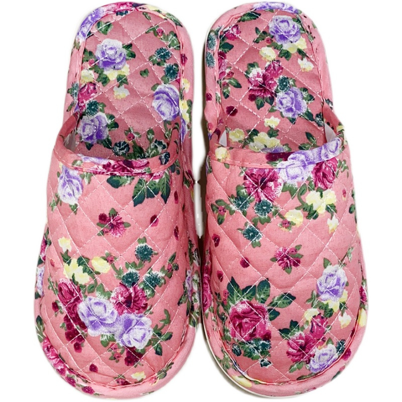 女玫红大花 女胶底40-41(适合36-40脚穿) 保暖满头棉布拖鞋女秋冬季情侣居家用鞋室内防滑地板碎花棉拖鞋男