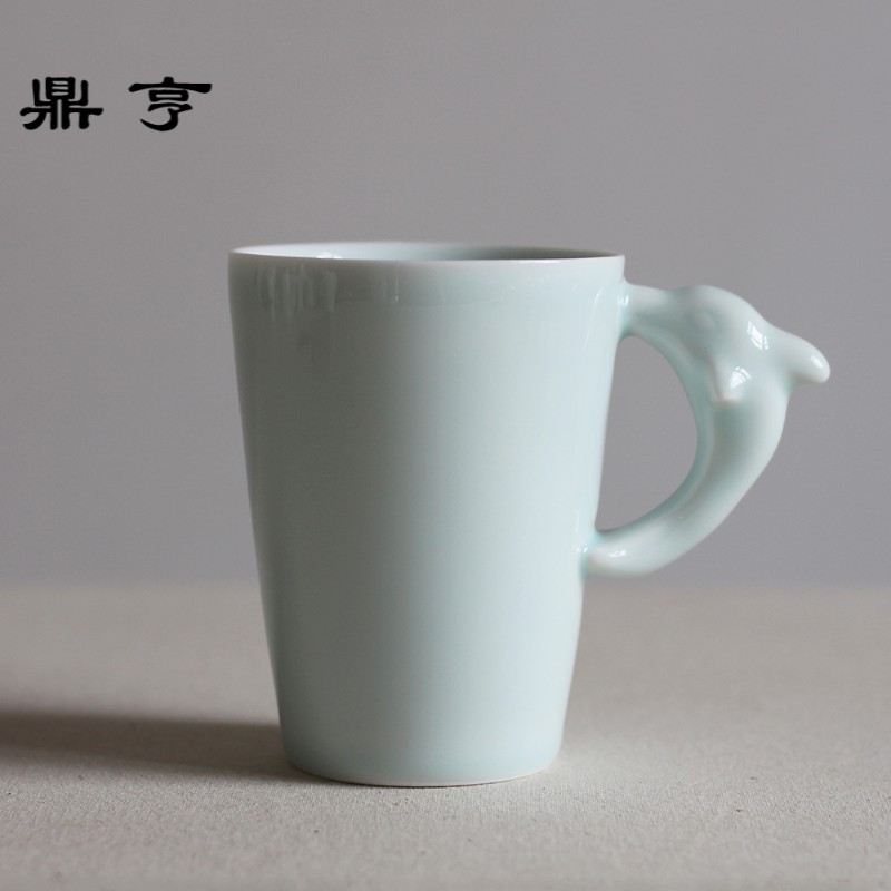 鼎亨创意个性小海豚马克杯青釉带盖勺陶瓷杯简约情侣杯咖啡杯茶杯