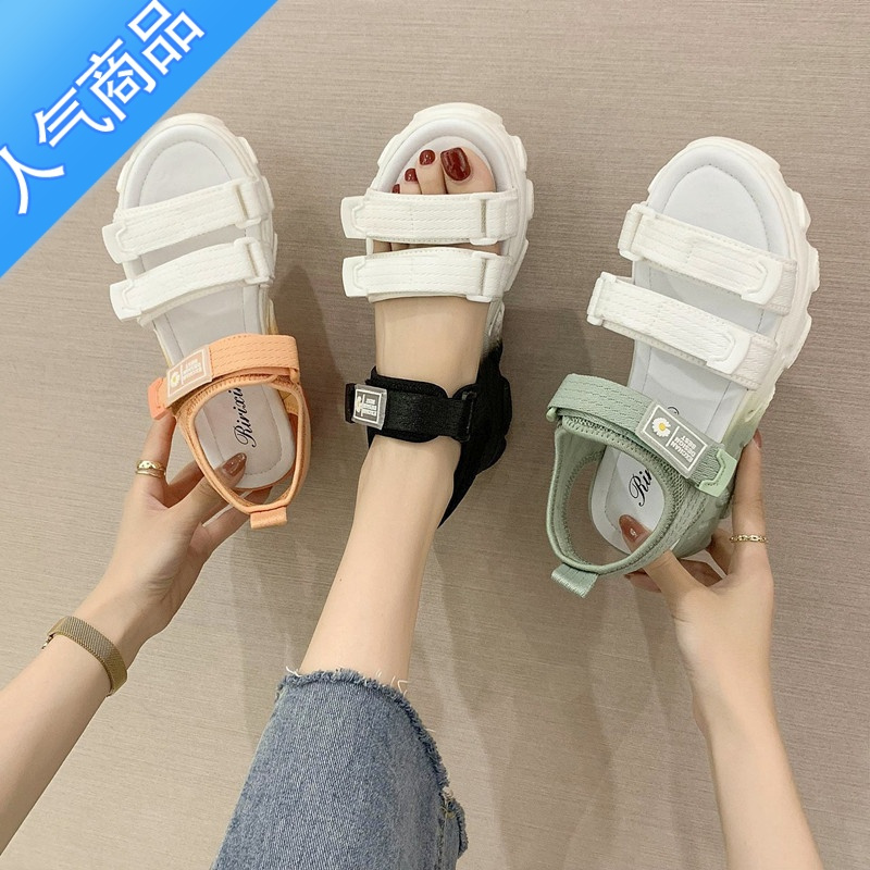 SUNTEK运动凉鞋女夏季新款韩版百搭学生魔术贴松糕厚底休闲沙滩鞋ins潮