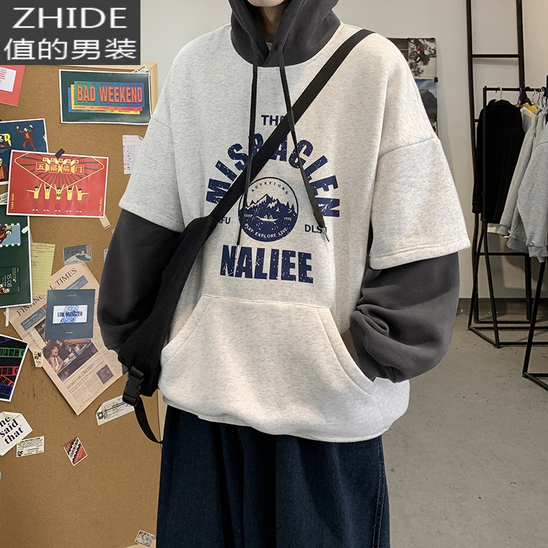 suntek假两件卫衣男连帽春季韩版潮流宽松oversize上衣学生嘻哈帽衫