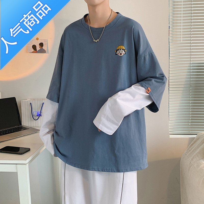 喻娄假两件长袖t恤男春秋潮流ins潮牌卫衣秋季百搭宽松秋衣高街打底衫T恤
