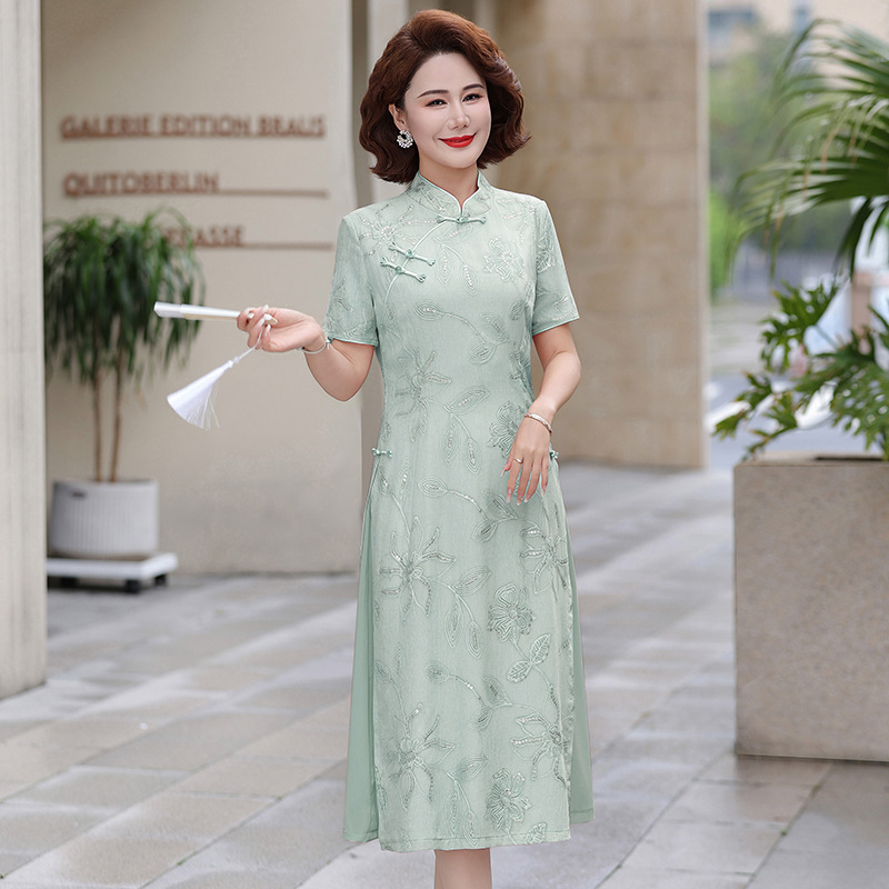 纤孜雅 夏季妈妈印花短袖连衣裙上衣新款中来年复古改良旗袍裙子洋气高清大图