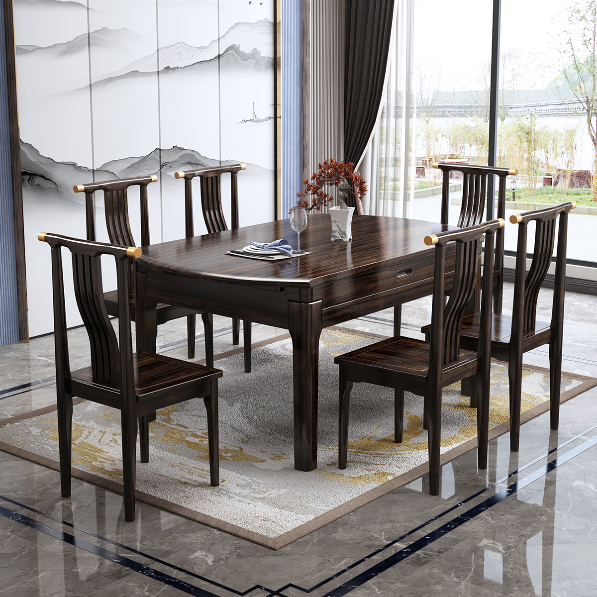 月影梳桐乌金木新中式实木餐桌圆桌伸缩可折叠餐台饭桌椅组合吃饭桌小