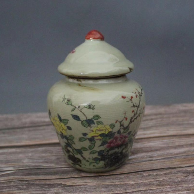 清同治粉彩富贵牡丹平安图花鸟将军罐茶叶罐家居装饰展柜摆件做旧