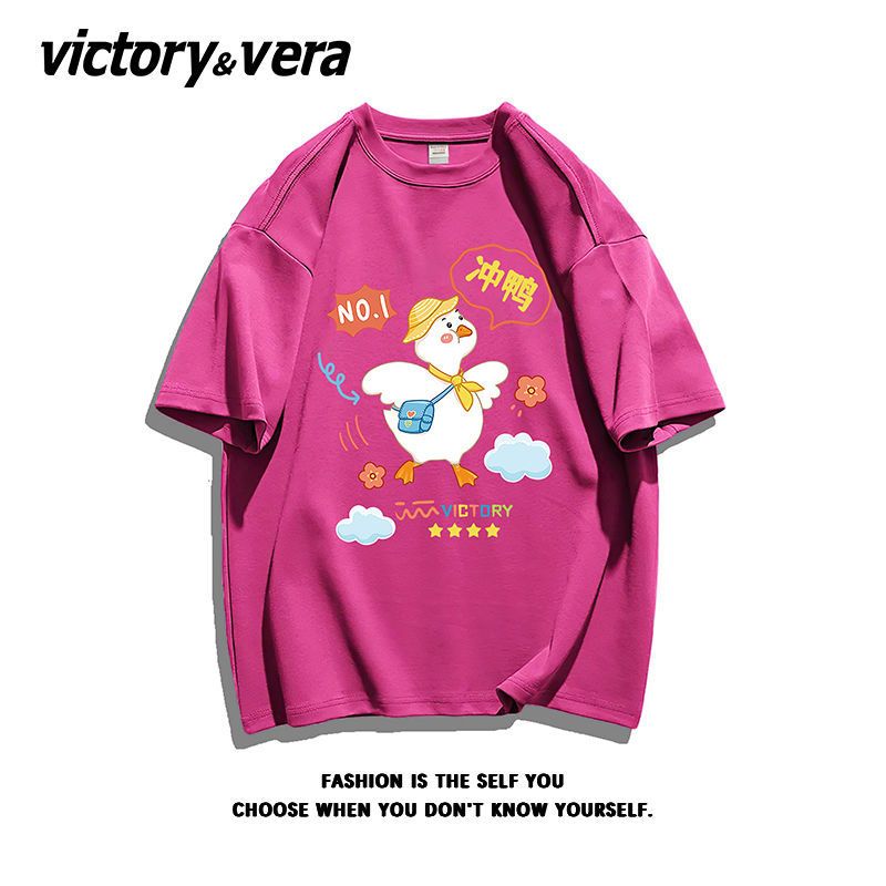 VICTORYVERA冲鸭印花可爱百搭纯棉短袖2022夏季t恤女宽松半袖上衣